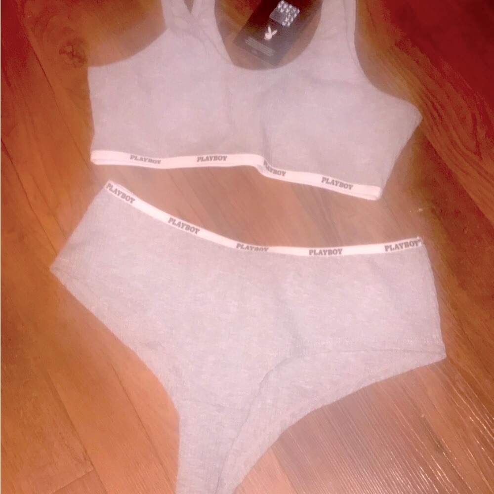 Playboy Panties BRAND NEW MEDIUM Gray Ribbed Bralette High-Cut Panties Set